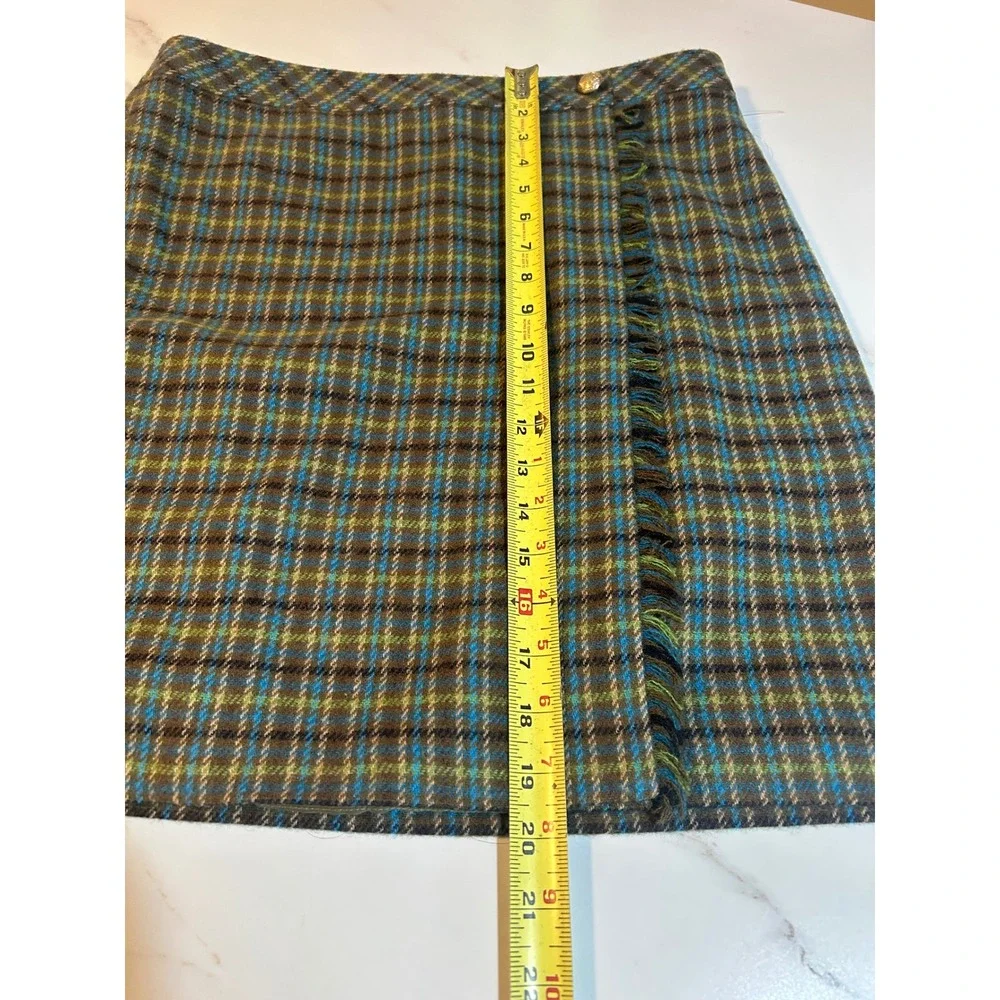 Talbots Petite Plaid Wool Blend Fringe Mini Skirt Brown Blue Green 10P